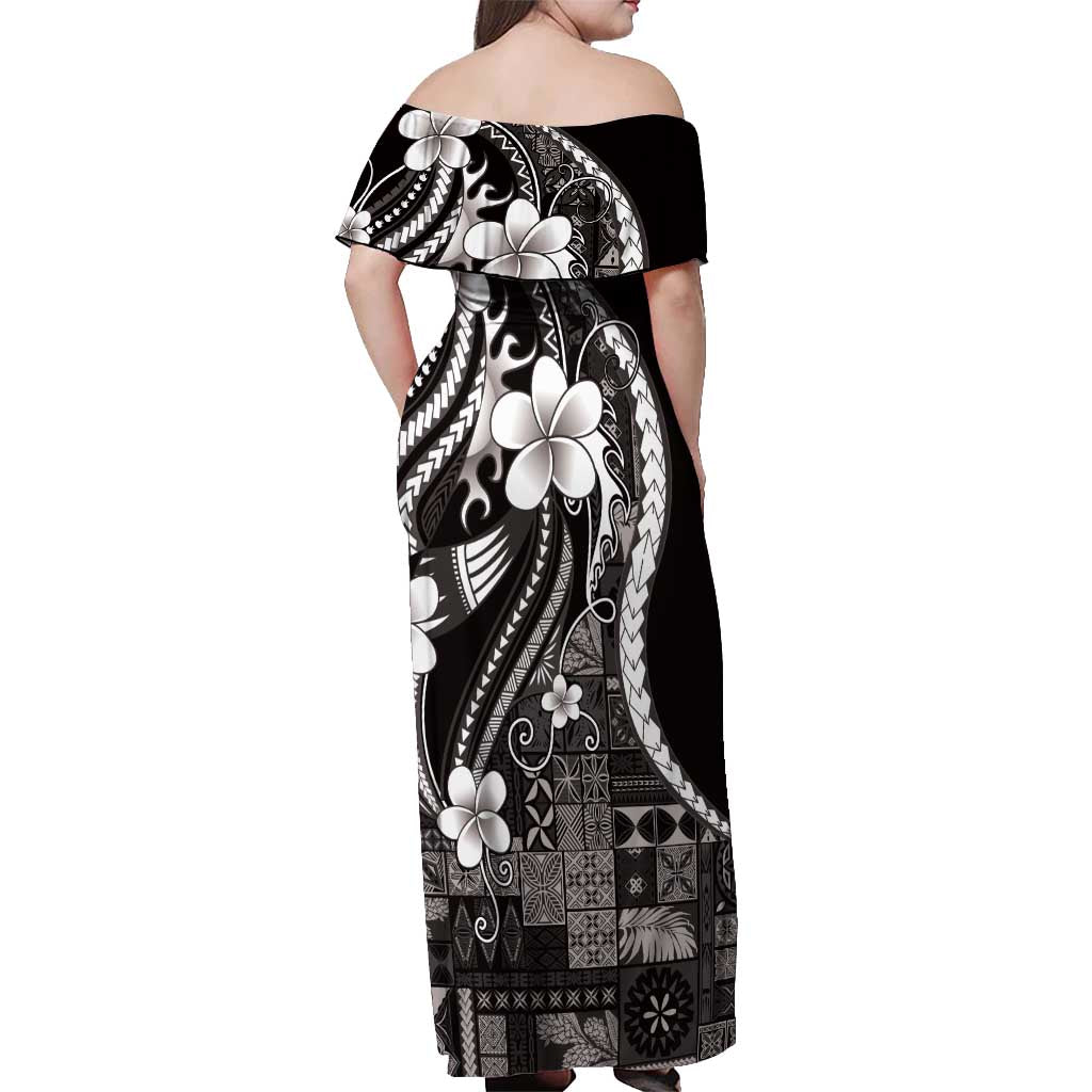 Samoa Siapo Tribal Pattern Off Shoulder Maxi Dress Black Polynesian Plumeria Tapa Motif LT9 - Polynesian Pride
