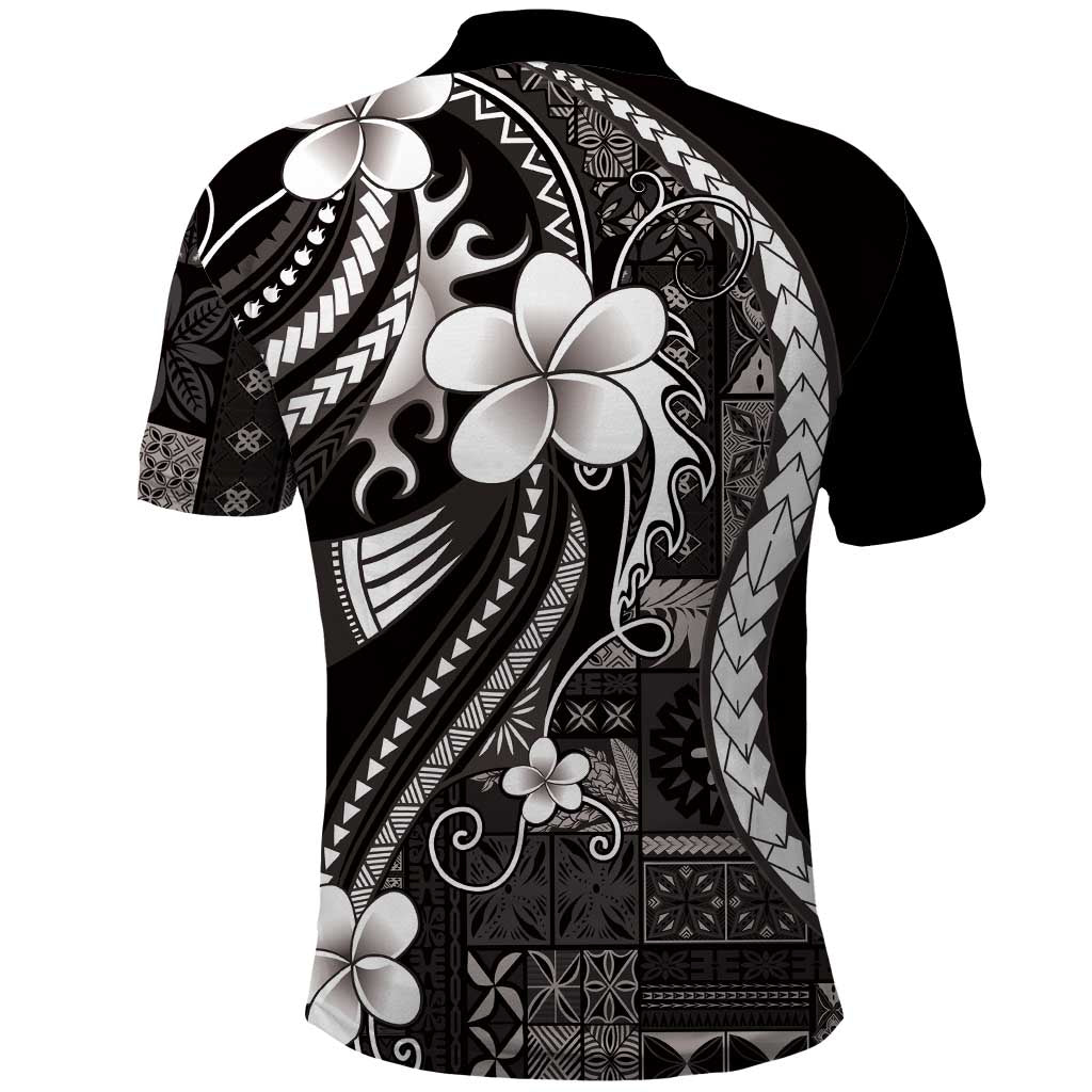 Samoa Siapo Tribal Pattern Polo Shirt Black Polynesian Plumeria Tapa Motif LT9 - Polynesian Pride