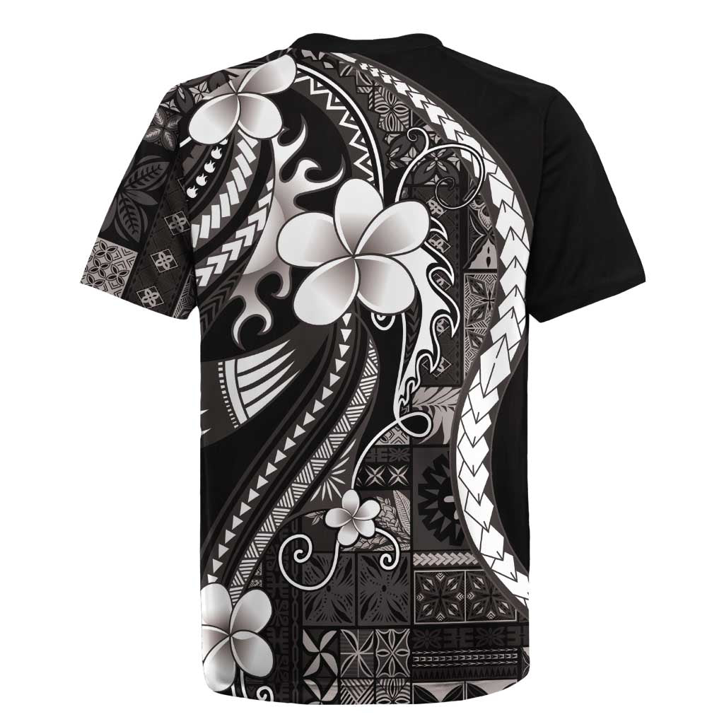 Samoa Siapo Tribal Pattern Rugby Jersey Black Polynesian Plumeria Tapa Motif LT9 - Polynesian Pride