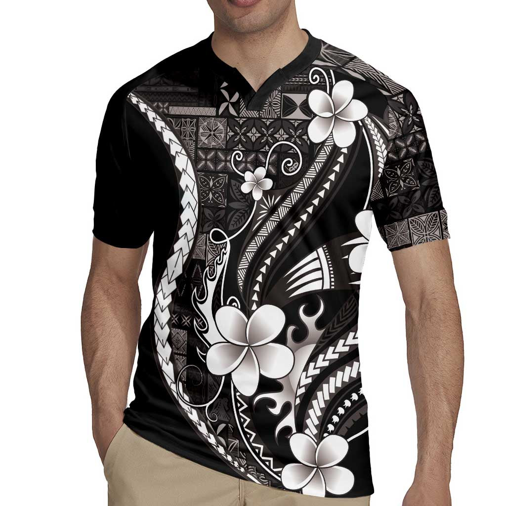 Samoa Siapo Tribal Pattern Rugby Jersey Black Polynesian Plumeria Tapa Motif LT9 - Polynesian Pride