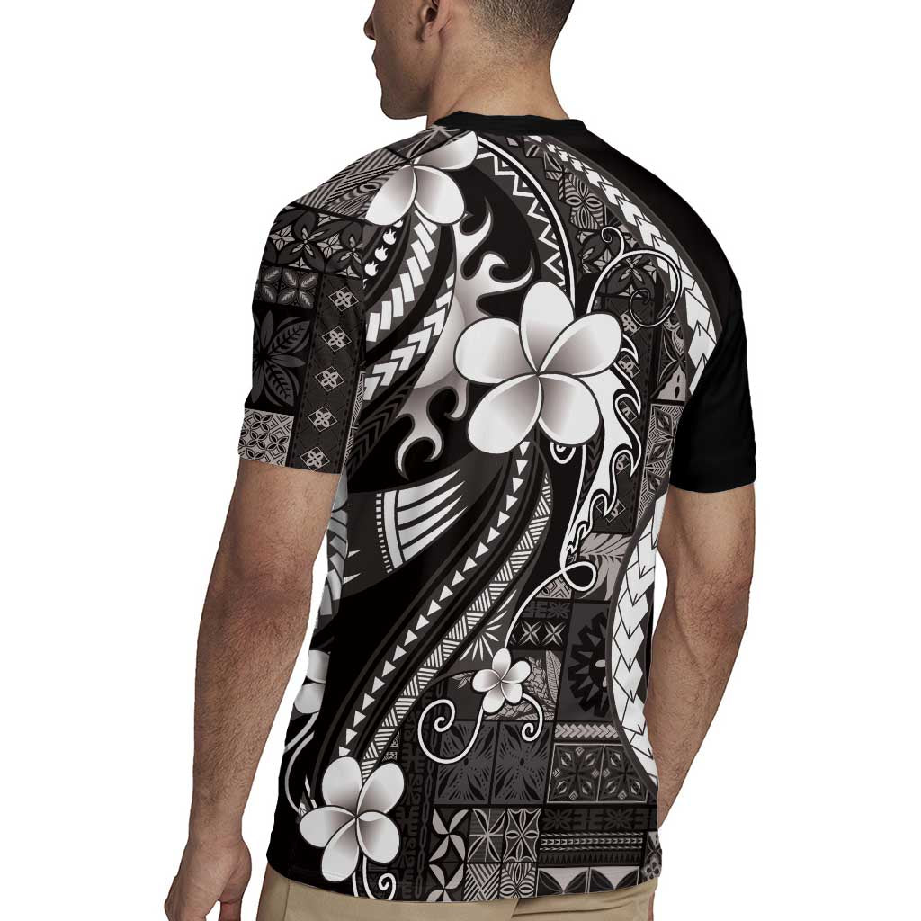 Samoa Siapo Tribal Pattern Rugby Jersey Black Polynesian Plumeria Tapa Motif LT9 - Polynesian Pride