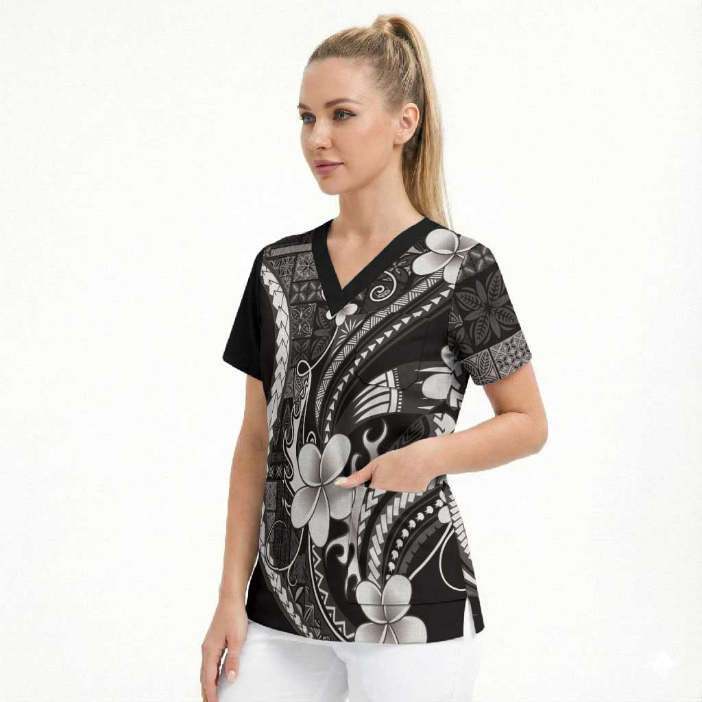 Samoa Siapo Tribal Pattern Scrub Top Black Polynesian Plumeria Tapa Motif LT9 - Polynesian Pride