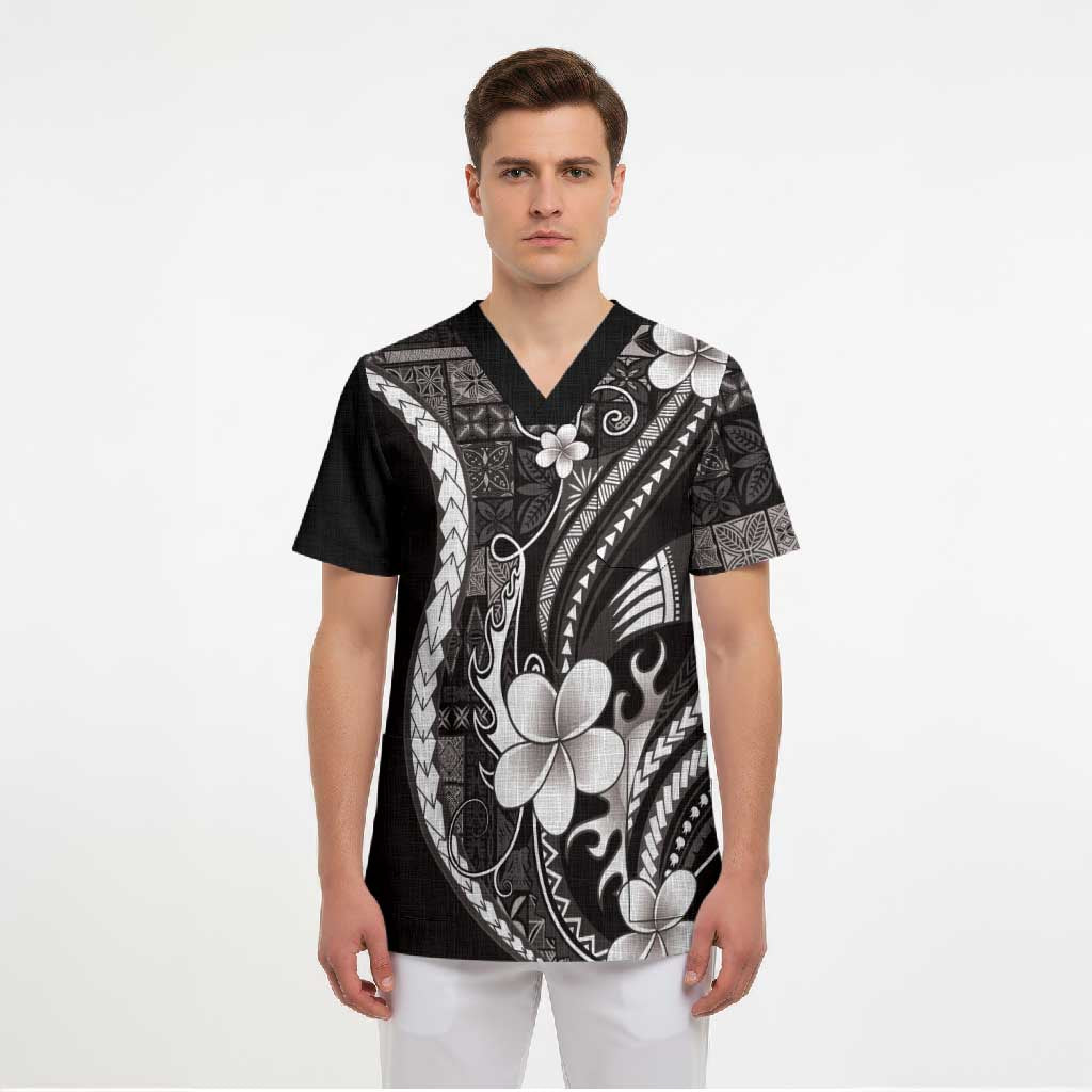 Samoa Siapo Tribal Pattern Scrub Top Black Polynesian Plumeria Tapa Motif LT9 - Polynesian Pride