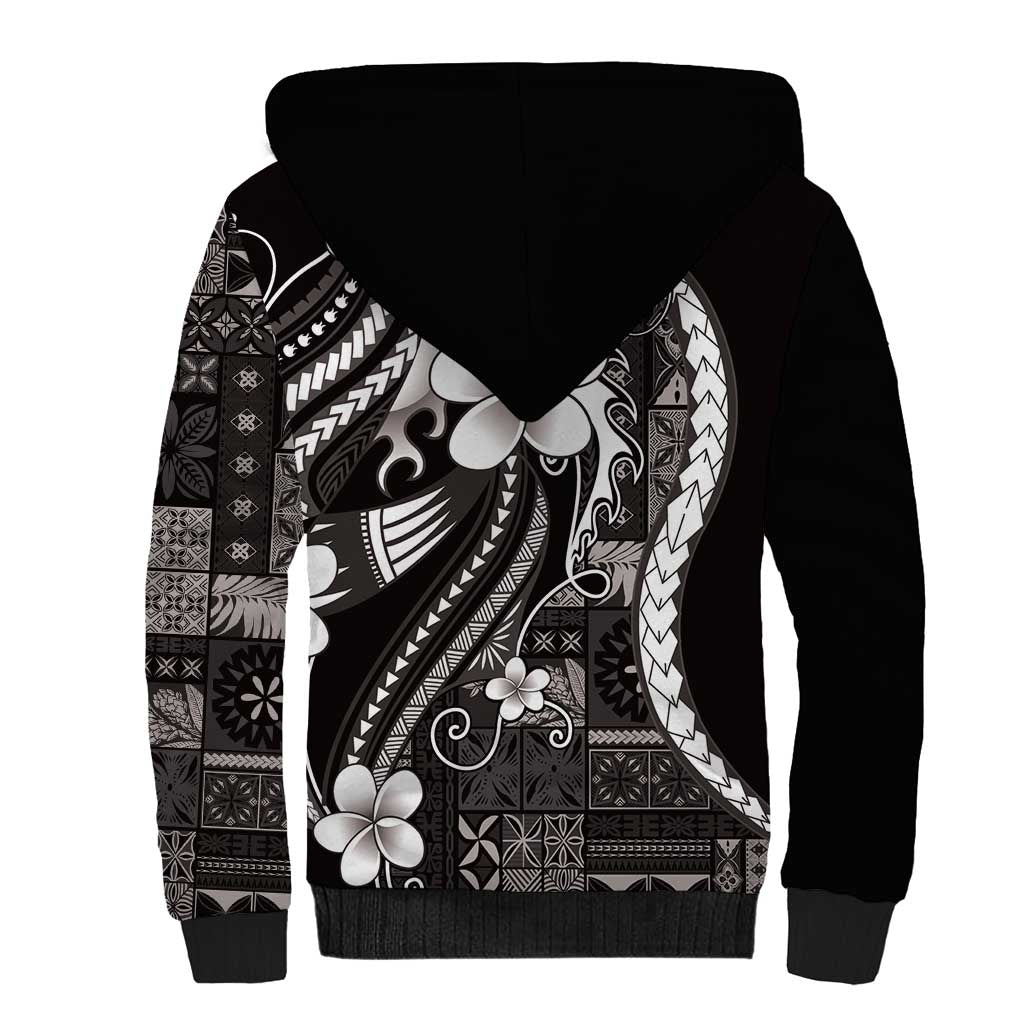 Samoa Siapo Tribal Pattern Sherpa Hoodie Black Polynesian Plumeria Tapa Motif LT9 - Polynesian Pride