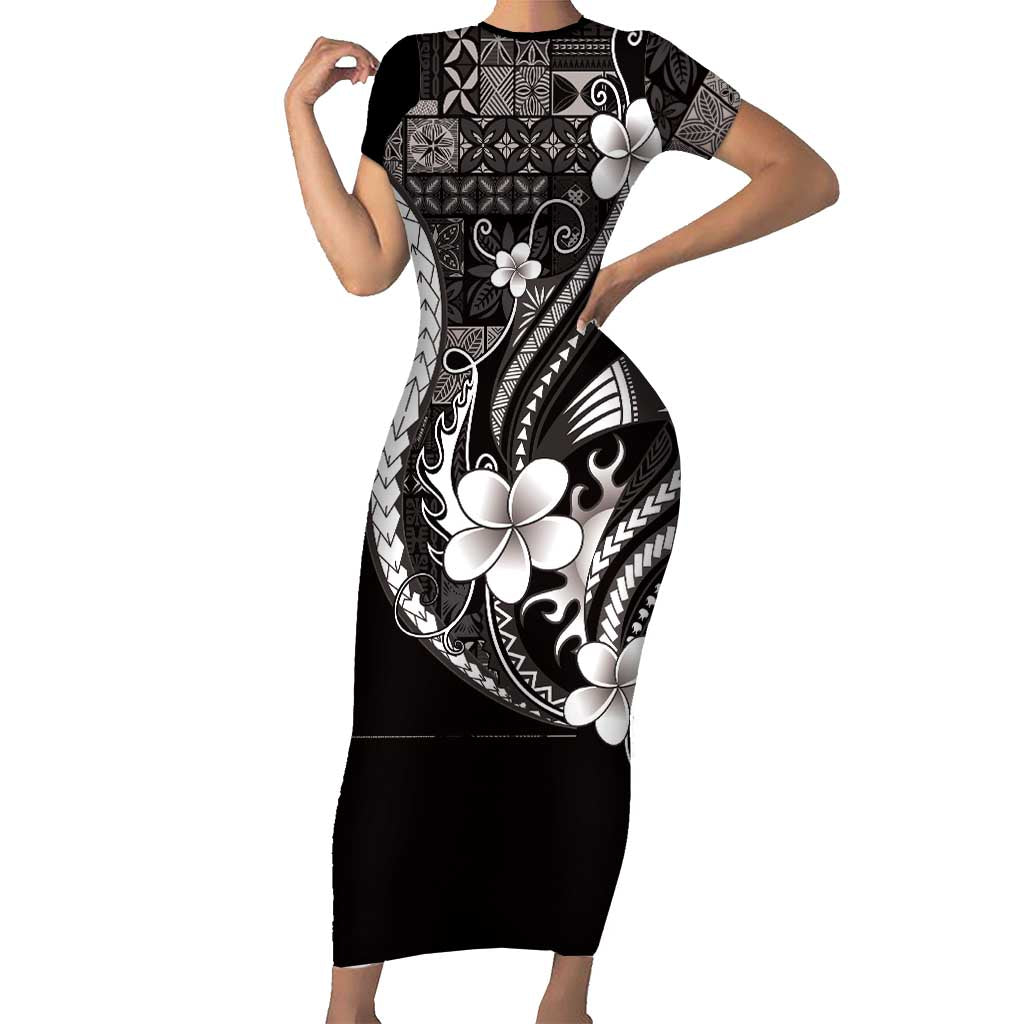Samoa Siapo Tribal Pattern Short Sleeve Bodycon Dress Black Polynesian Plumeria Tapa Motif LT9 Long Dress Black - Polynesian Pride