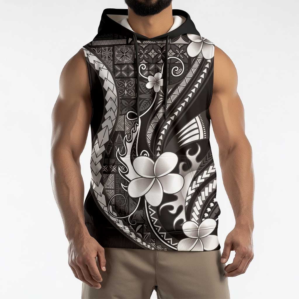 Samoa Siapo Tribal Pattern Sleeveless Hoodie Black Polynesian Plumeria Tapa Motif LT9 - Polynesian Pride