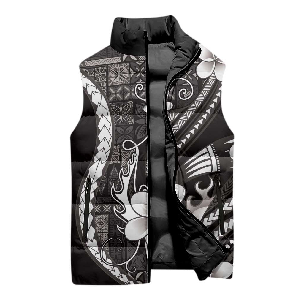 Samoa Siapo Tribal Pattern Sleeveless Puffer Jacket Black Polynesian Plumeria Tapa Motif LT9 - Polynesian Pride