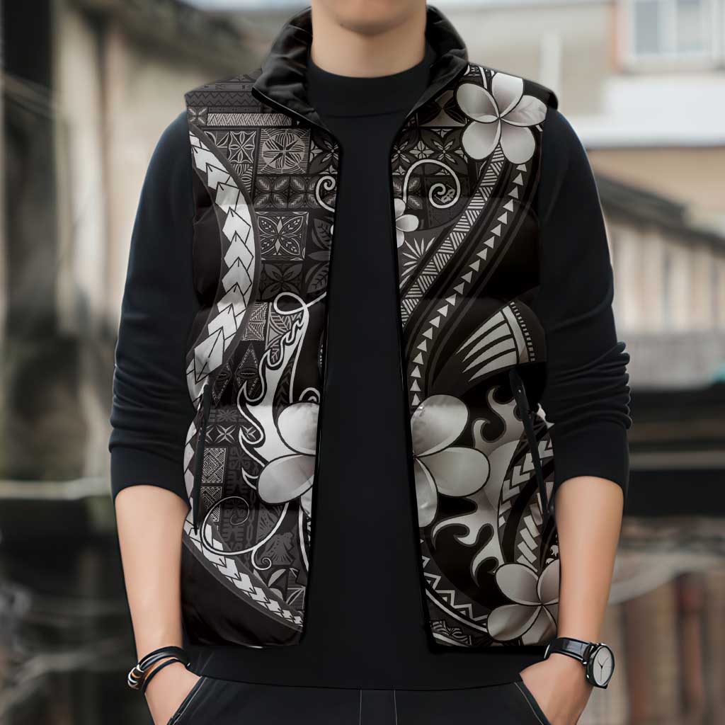 Samoa Siapo Tribal Pattern Sleeveless Puffer Jacket Black Polynesian Plumeria Tapa Motif LT9 - Polynesian Pride