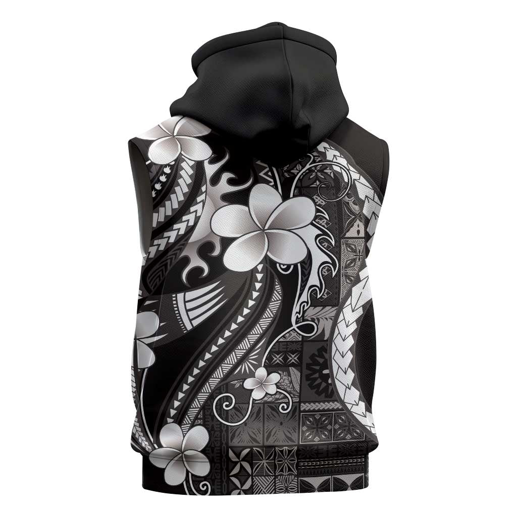 Samoa Siapo Tribal Pattern Sleeveless Zip Hoodie Black Polynesian Plumeria Tapa Motif LT9 - Polynesian Pride