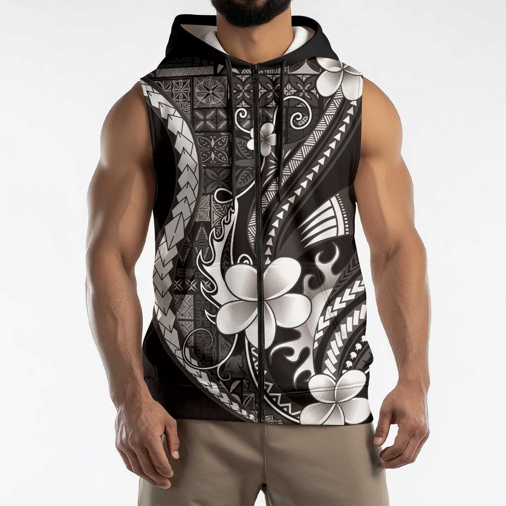 Samoa Siapo Tribal Pattern Sleeveless Zip Hoodie Black Polynesian Plumeria Tapa Motif LT9 - Polynesian Pride