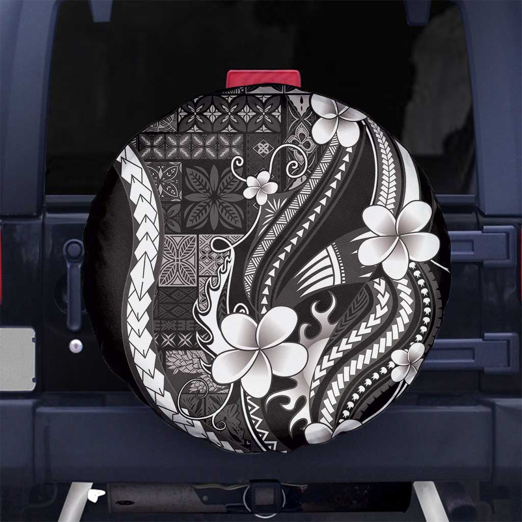 Samoa Siapo Tribal Pattern Spare Tire Cover Black Polynesian Plumeria Tapa Motif