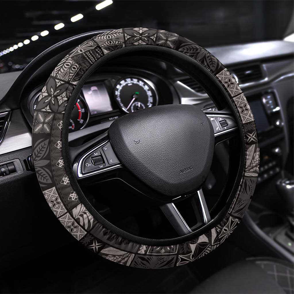 Samoa Siapo Tribal Pattern Steering Wheel Cover Black Polynesian Plumeria Tapa Motif LT9 Universal Fit Black - Polynesian Pride