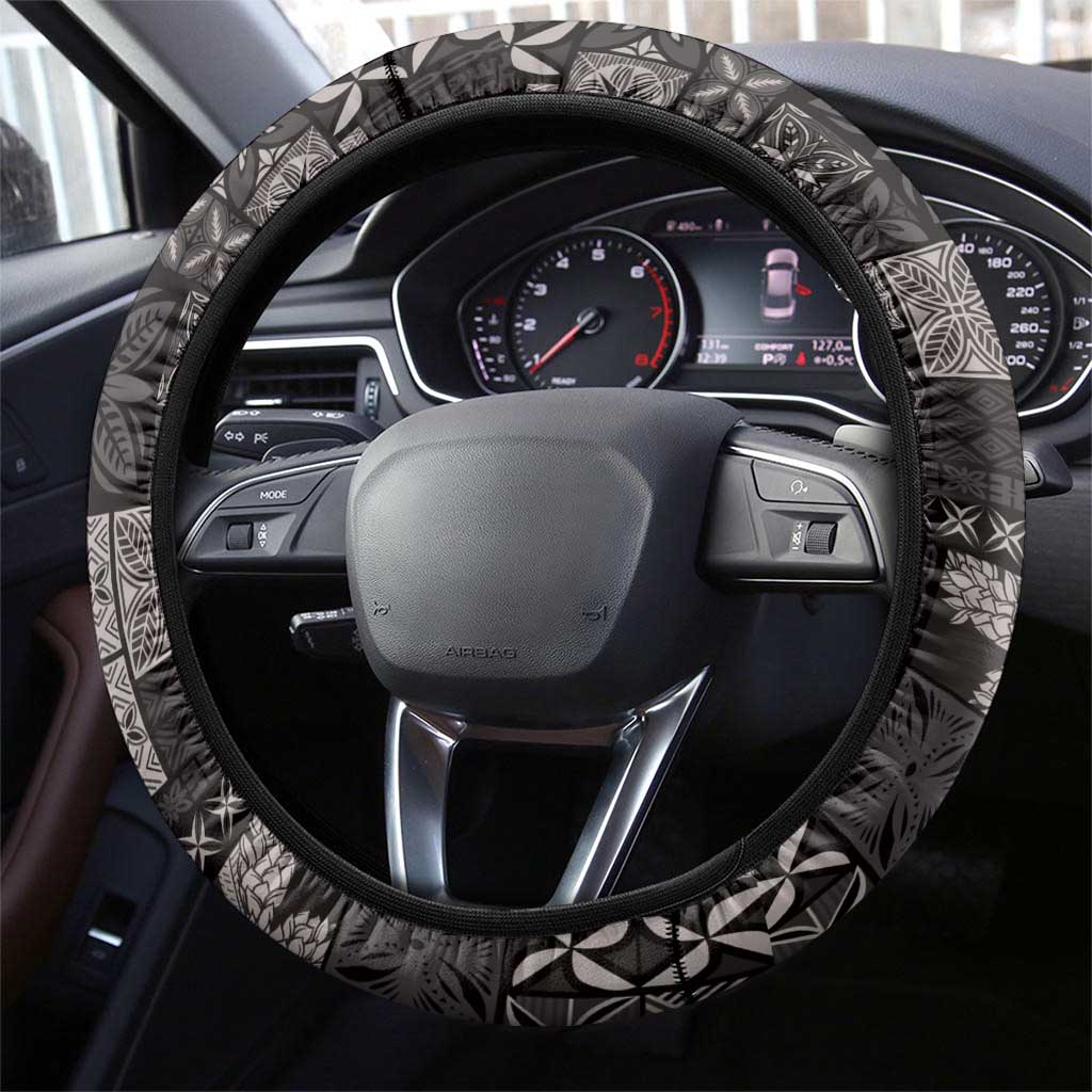 Samoa Siapo Tribal Pattern Steering Wheel Cover Black Polynesian Plumeria Tapa Motif LT9 - Polynesian Pride