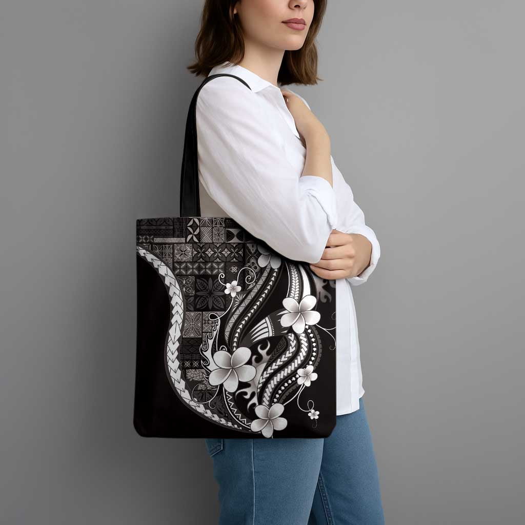 Samoa Siapo Tribal Pattern Tote Bag Black Polynesian Plumeria Tapa Motif LT9 - Polynesian Pride