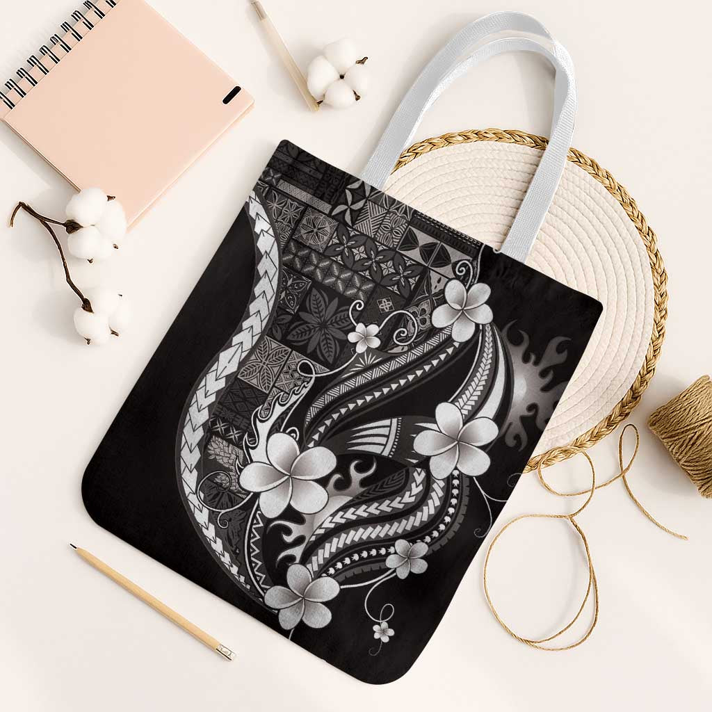 Samoa Siapo Tribal Pattern Tote Bag Black Polynesian Plumeria Tapa Motif LT9 White Strap One Size Black - Polynesian Pride
