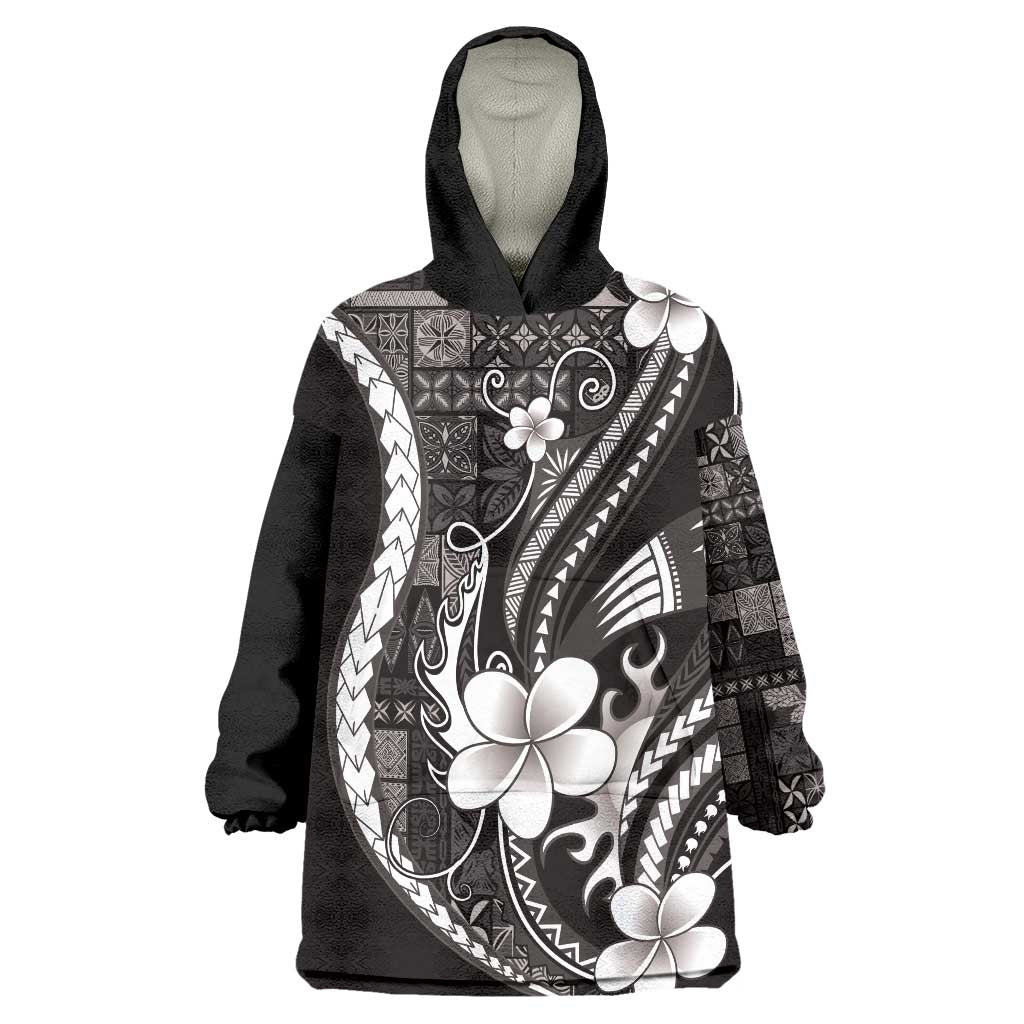 Samoa Siapo Tribal Pattern Wearable Blanket Hoodie Black Polynesian Plumeria Tapa Motif LT9 One Size Black - Polynesian Pride