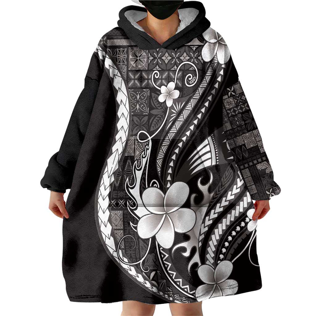 Samoa Siapo Tribal Pattern Wearable Blanket Hoodie Black Polynesian Plumeria Tapa Motif LT9 - Polynesian Pride