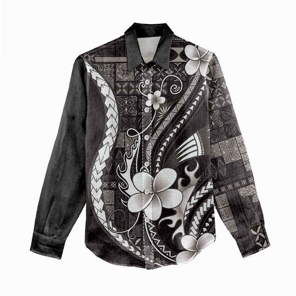 Samoa Siapo Tribal Pattern Women Casual Shirt Black Polynesian Plumeria Tapa Motif LT9 - Polynesian Pride