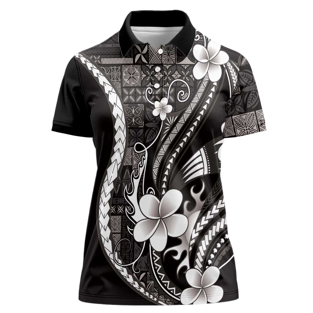 Samoa Siapo Tribal Pattern Women Polo Shirt Black Polynesian Plumeria Tapa Motif LT9 Female Black - Polynesian Pride