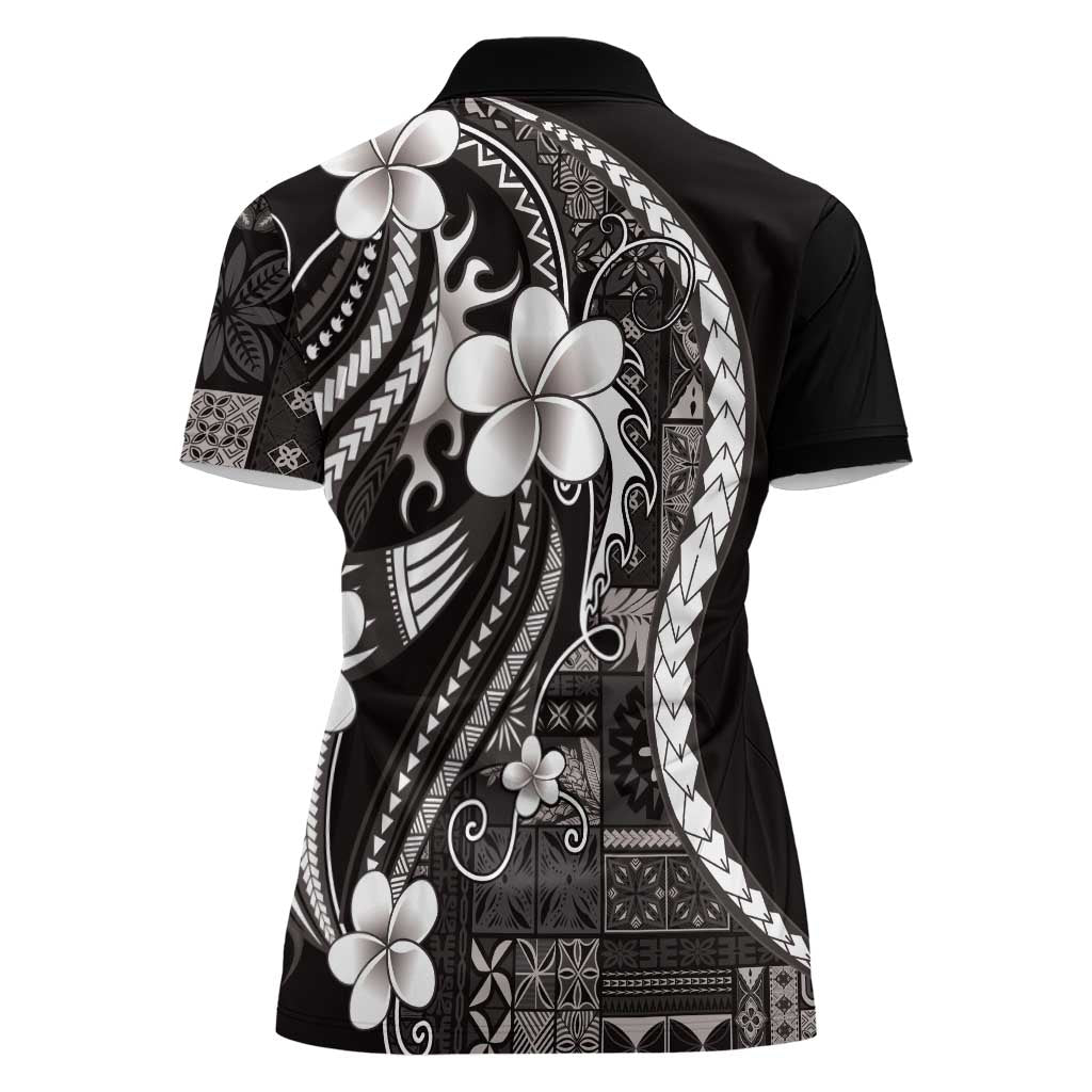 Samoa Siapo Tribal Pattern Women Polo Shirt Black Polynesian Plumeria Tapa Motif LT9 - Polynesian Pride