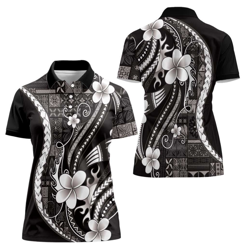 Samoa Siapo Tribal Pattern Women Polo Shirt Black Polynesian Plumeria Tapa Motif LT9 - Polynesian Pride