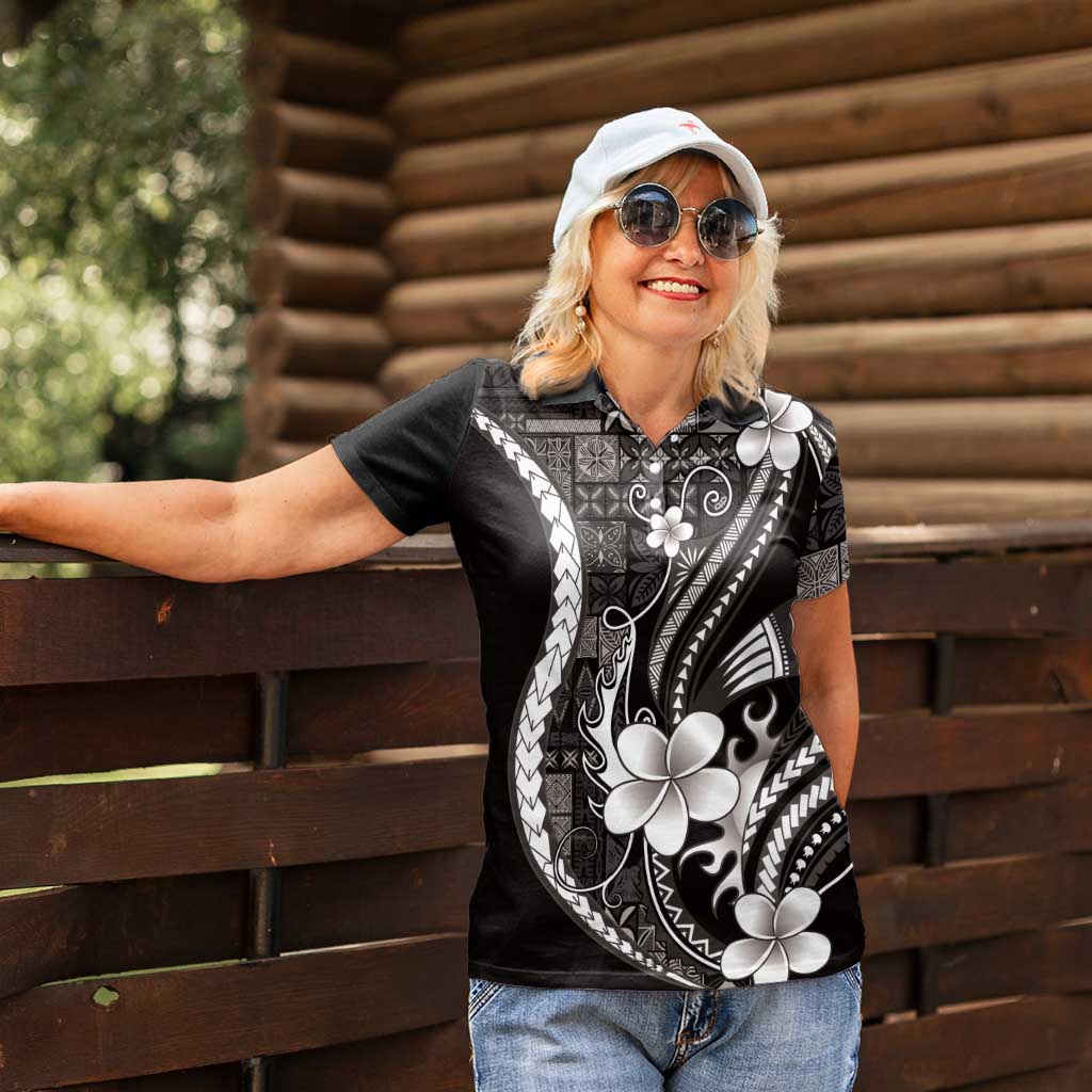 Samoa Siapo Tribal Pattern Women Polo Shirt Black Polynesian Plumeria Tapa Motif LT9 - Polynesian Pride