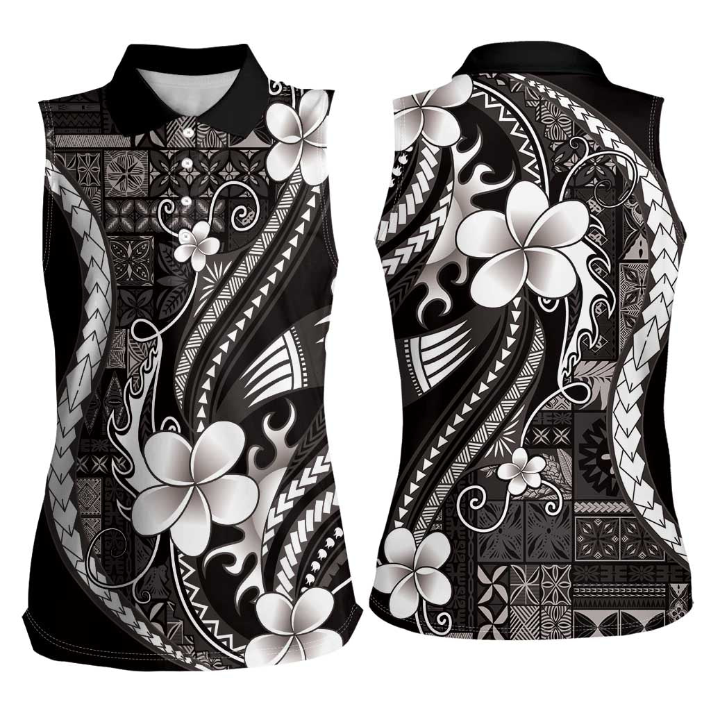 Samoa Siapo Tribal Pattern Women Sleeveless Polo Shirt Black Polynesian Plumeria Tapa Motif LT9 - Polynesian Pride