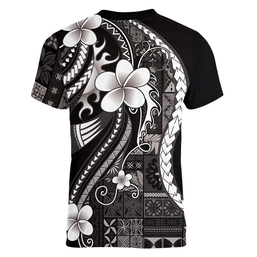 Samoa Siapo Tribal Pattern Women V-Neck T-Shirt Black Polynesian Plumeria Tapa Motif LT9 - Polynesian Pride
