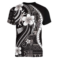 Samoa Siapo Tribal Pattern Women V-Neck T-Shirt Black Polynesian Plumeria Tapa Motif LT9 - Polynesian Pride