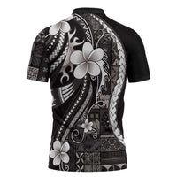 Samoa Siapo Tribal Pattern Zipper Polo Shirt Black Polynesian Plumeria Tapa Motif LT9 - Polynesian Pride