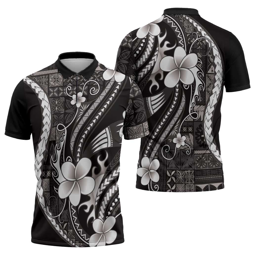 Samoa Siapo Tribal Pattern Zipper Polo Shirt Black Polynesian Plumeria Tapa Motif LT9 - Polynesian Pride