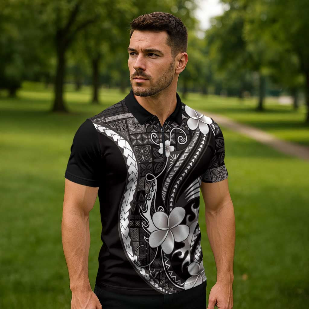 Samoa Siapo Tribal Pattern Zipper Polo Shirt Black Polynesian Plumeria Tapa Motif LT9 - Polynesian Pride