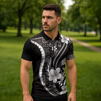 Samoa Siapo Tribal Pattern Zipper Polo Shirt Black Polynesian Plumeria Tapa Motif LT9 - Polynesian Pride