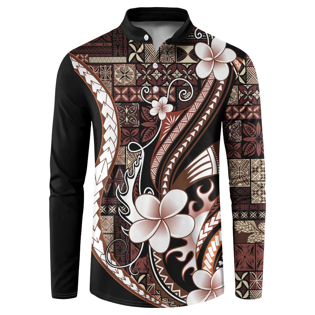 Samoa Siapo Tribal Pattern Button Sweatshirt Brown Polynesian Plumeria Tapa Motif LT9 Brown - Polynesian Pride