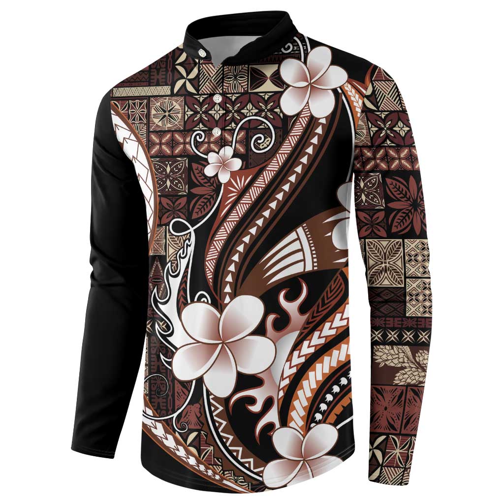 Samoa Siapo Tribal Pattern Button Sweatshirt Brown Polynesian Plumeria Tapa Motif LT9 - Polynesian Pride