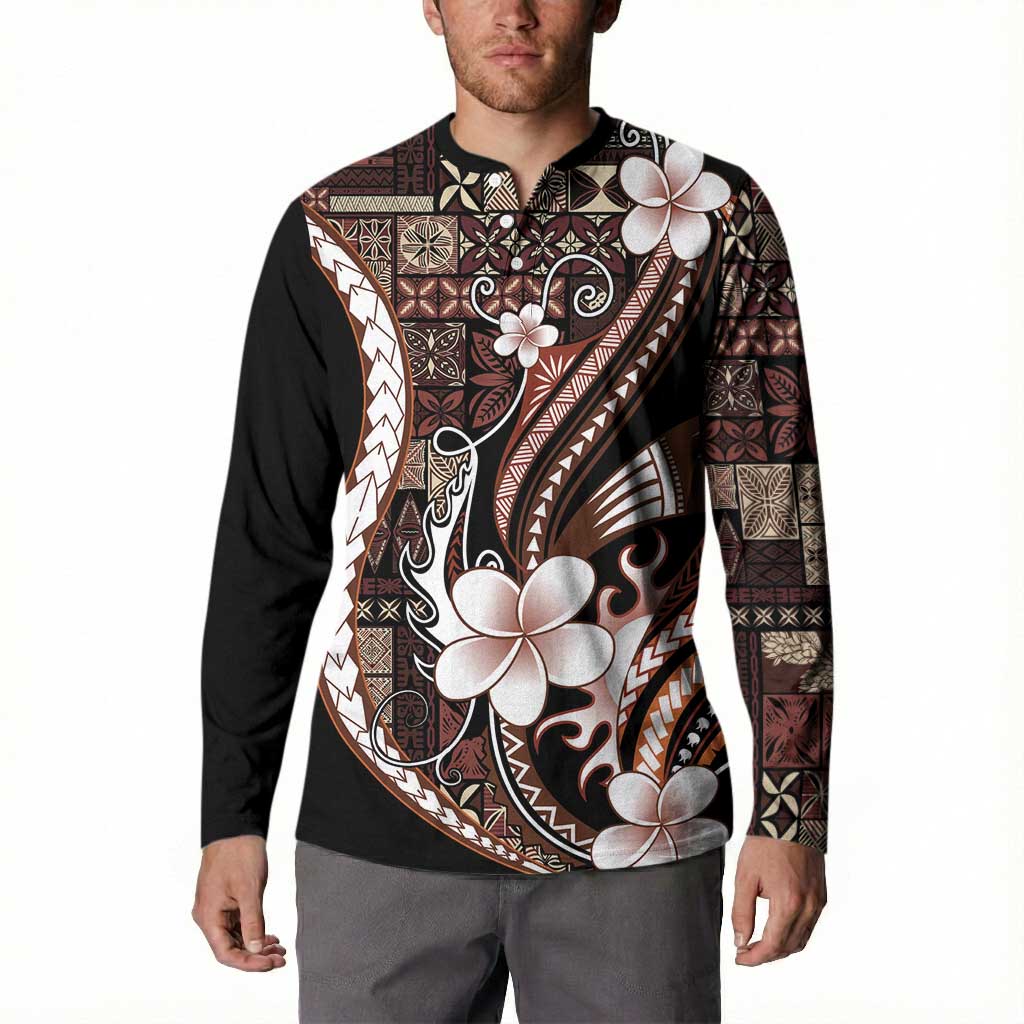 Samoa Siapo Tribal Pattern Button Sweatshirt Brown Polynesian Plumeria Tapa Motif LT9 - Polynesian Pride