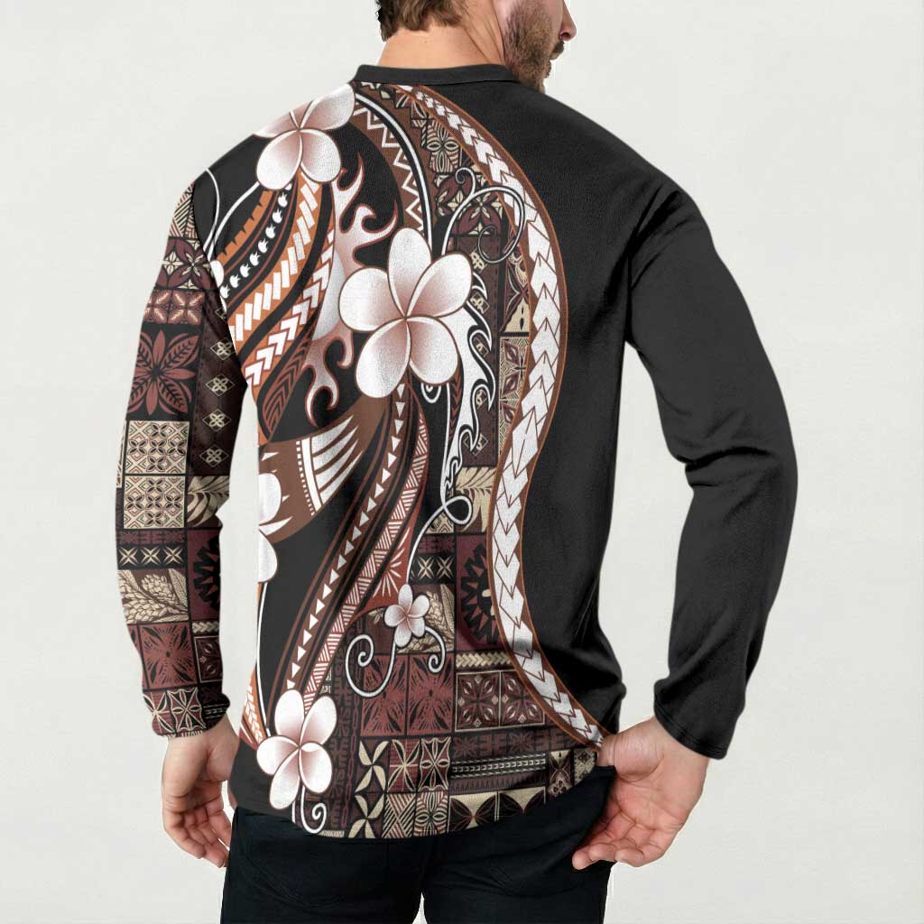 Samoa Siapo Tribal Pattern Button Sweatshirt Brown Polynesian Plumeria Tapa Motif LT9 - Polynesian Pride