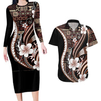 Samoa Siapo Tribal Pattern Couples Matching Long Sleeve Bodycon Dress and Hawaiian Shirt Brown Polynesian Plumeria Tapa Motif