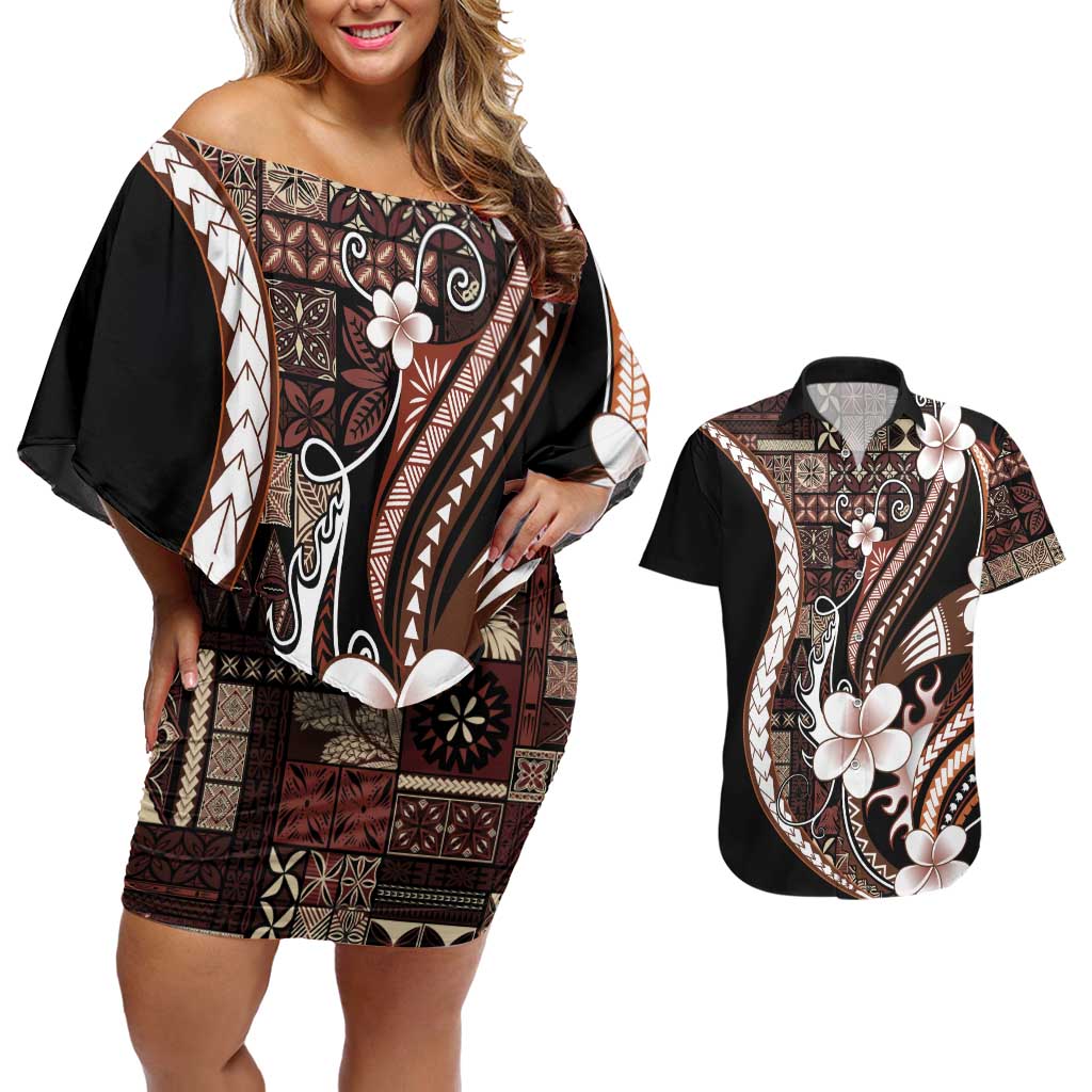 Samoa Siapo Tribal Pattern Couples Matching Off Shoulder Short Dress and Hawaiian Shirt Brown Polynesian Plumeria Tapa Motif LT9 Brown - Polynesian Pride