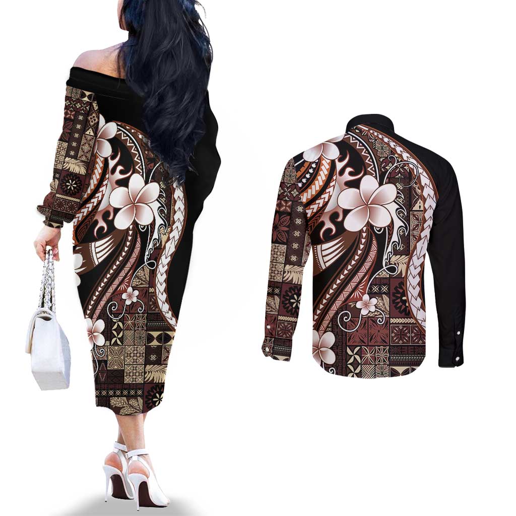 Samoa Siapo Tribal Pattern Couples Matching Off The Shoulder Long Sleeve Dress and Long Sleeve Button Shirt Brown Polynesian Plumeria Tapa Motif