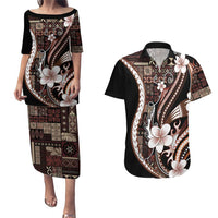 Samoa Siapo Tribal Pattern Couples Matching Puletasi and Hawaiian Shirt Brown Polynesian Plumeria Tapa Motif LT9 Brown - Polynesian Pride