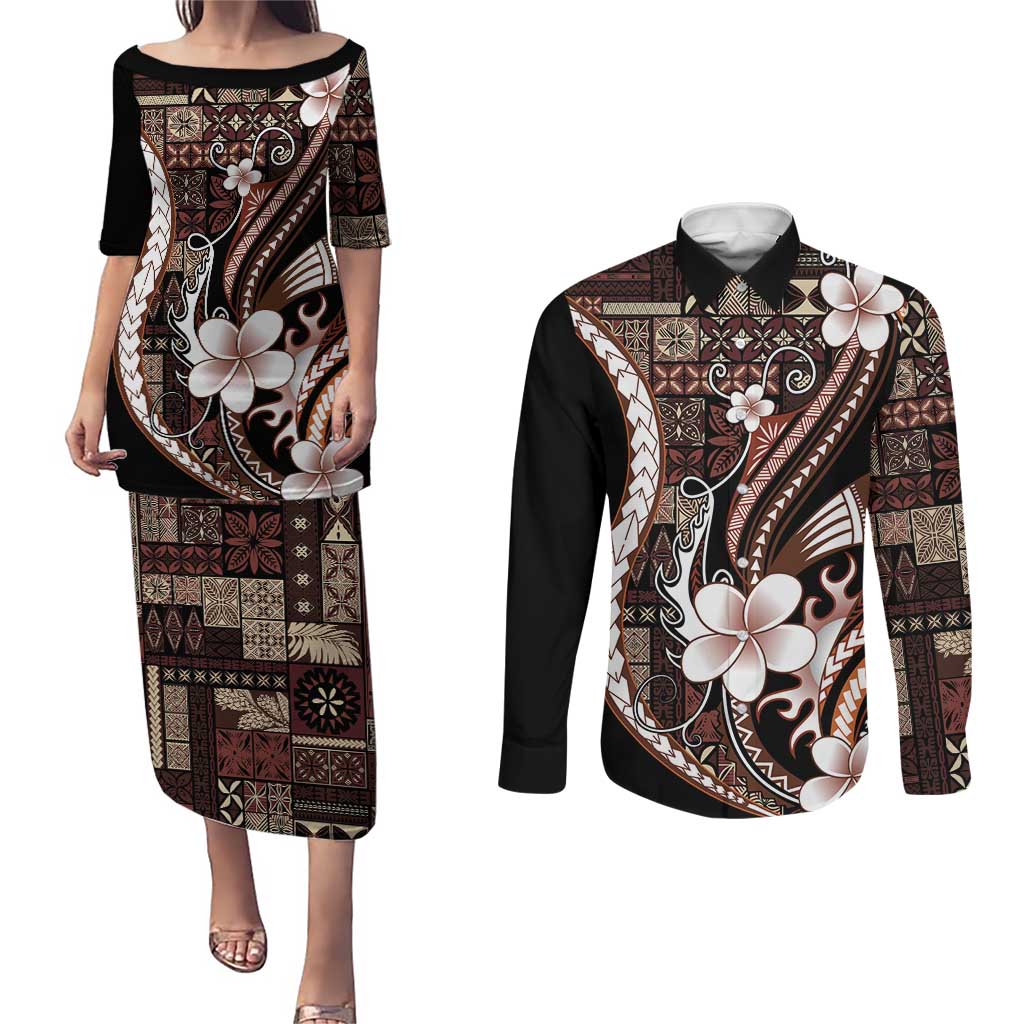 Samoa Siapo Tribal Pattern Couples Matching Puletasi and Long Sleeve Button Shirt Brown Polynesian Plumeria Tapa Motif LT9 Brown - Polynesian Pride