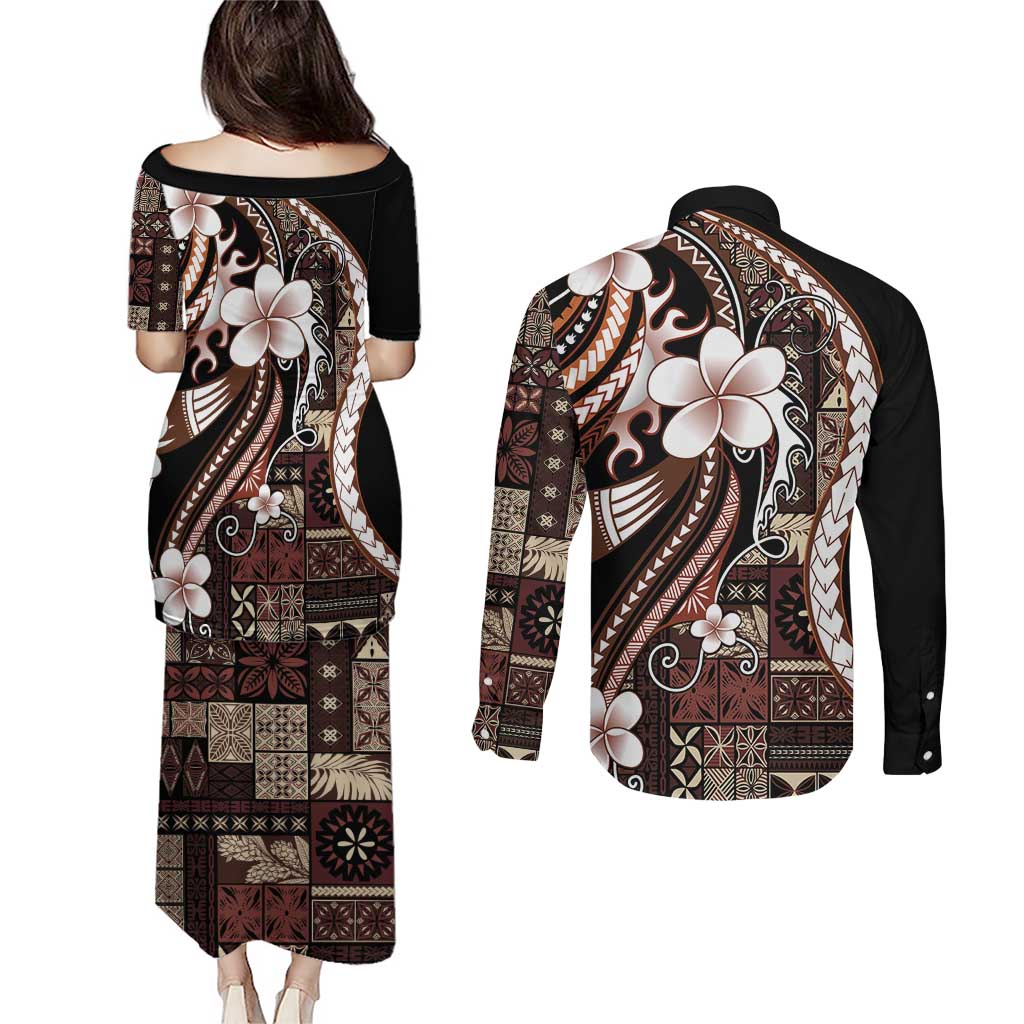 Samoa Siapo Tribal Pattern Couples Matching Puletasi and Long Sleeve Button Shirt Brown Polynesian Plumeria Tapa Motif LT9 - Polynesian Pride