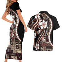 Samoa Siapo Tribal Pattern Couples Matching Short Sleeve Bodycon Dress and Hawaiian Shirt Brown Polynesian Plumeria Tapa Motif