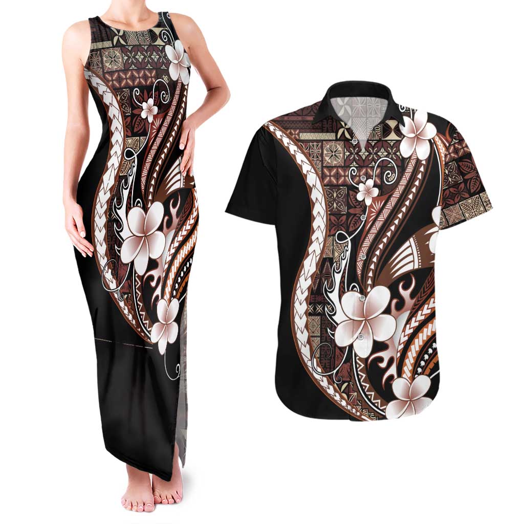 Samoa Siapo Tribal Pattern Couples Matching Tank Maxi Dress and Hawaiian Shirt Brown Polynesian Plumeria Tapa Motif