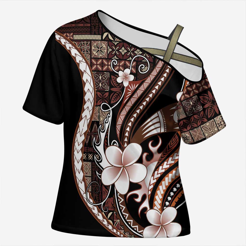 Samoa Siapo Tribal Pattern Cross Shoulder Shirt Brown Polynesian Plumeria Tapa Motif LT9 Female Brown - Polynesian Pride