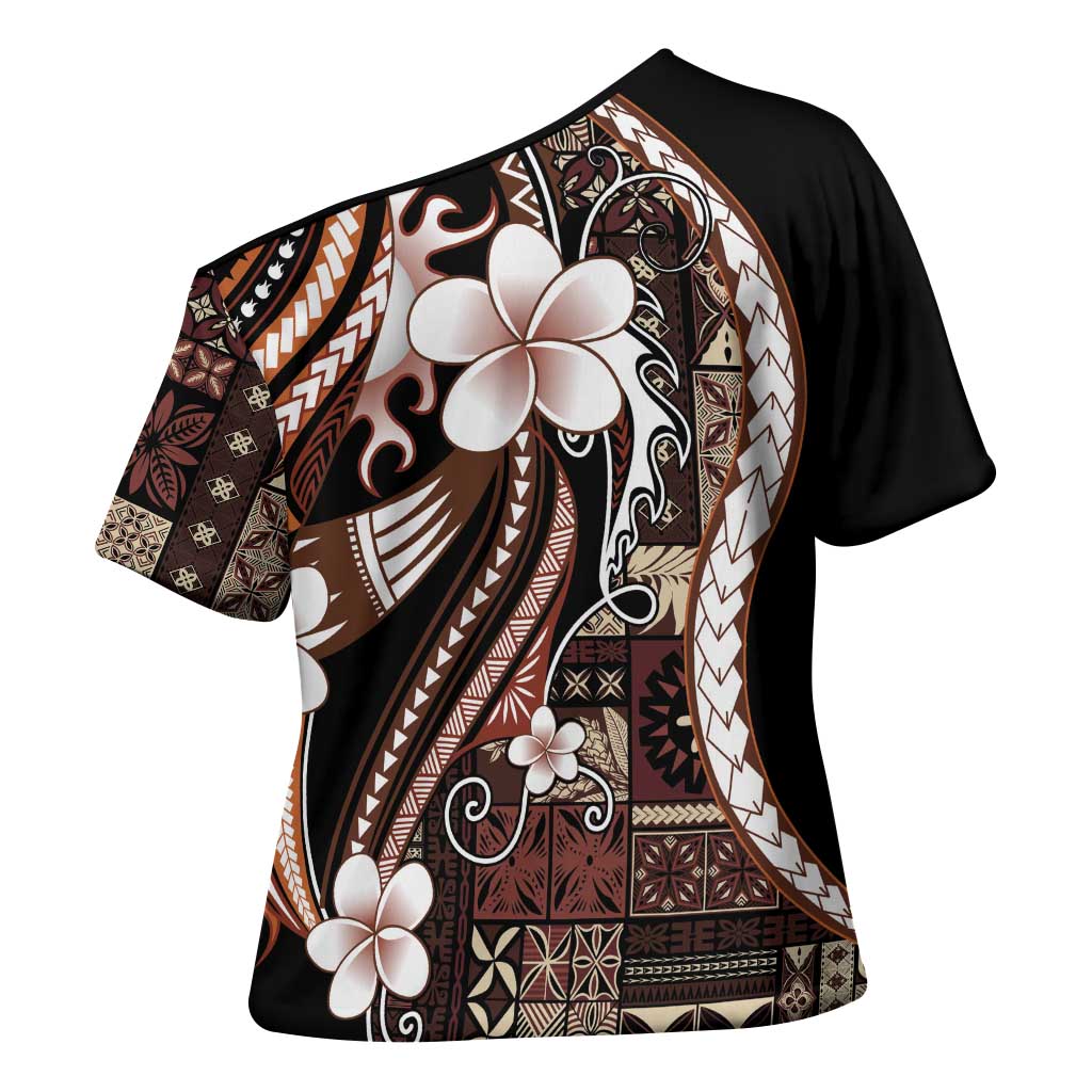 Samoa Siapo Tribal Pattern Cross Shoulder Shirt Brown Polynesian Plumeria Tapa Motif LT9 - Polynesian Pride