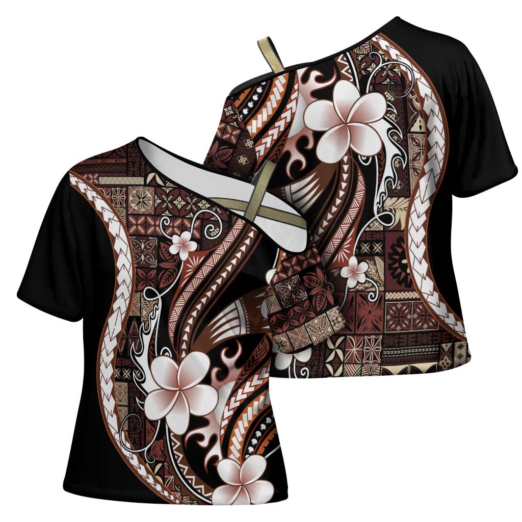 Samoa Siapo Tribal Pattern Cross Shoulder Shirt Brown Polynesian Plumeria Tapa Motif LT9 - Polynesian Pride