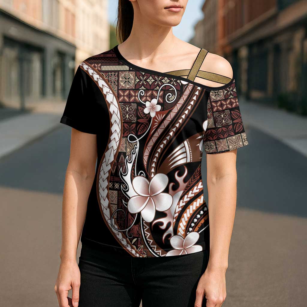 Samoa Siapo Tribal Pattern Cross Shoulder Shirt Brown Polynesian Plumeria Tapa Motif LT9 - Polynesian Pride