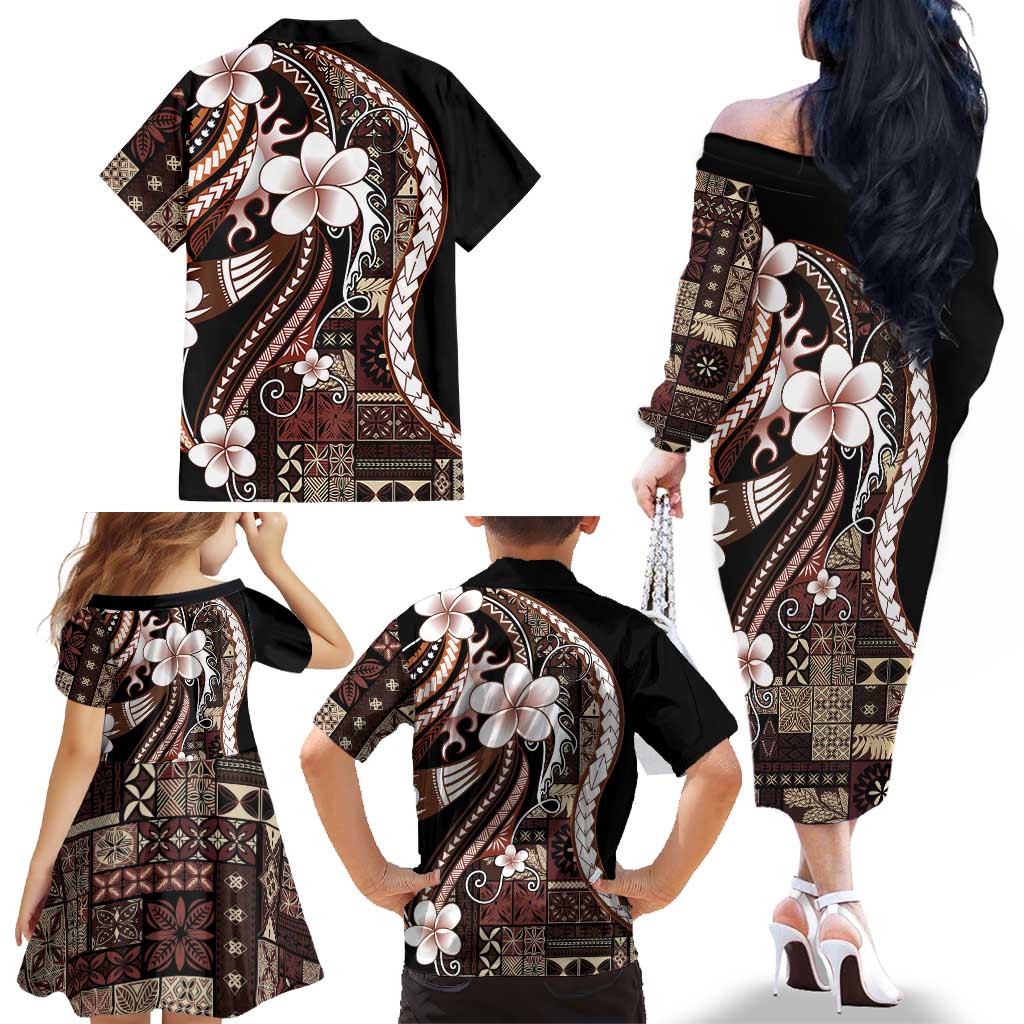 Samoa Siapo Tribal Pattern Family Matching Off The Shoulder Long Sleeve Dress and Hawaiian Shirt Brown Polynesian Plumeria Tapa Motif